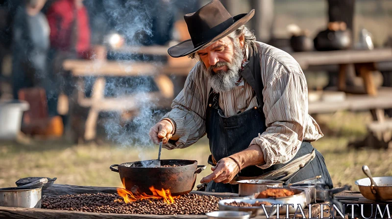 Rustic Outdoor Cooking with Vintage Man AI Image