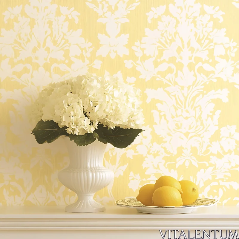 Hydrangeas and Lemons in a Yellow Room AI Image