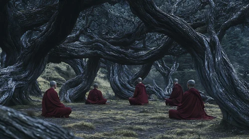 Meditative Monks Under Ancient Trees