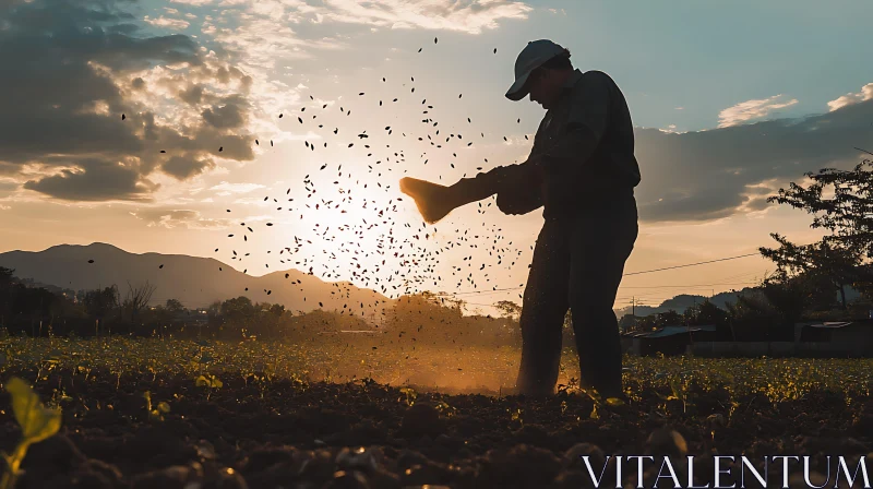 AI ART Agricultural Sunset: Farmer Sowing Seeds