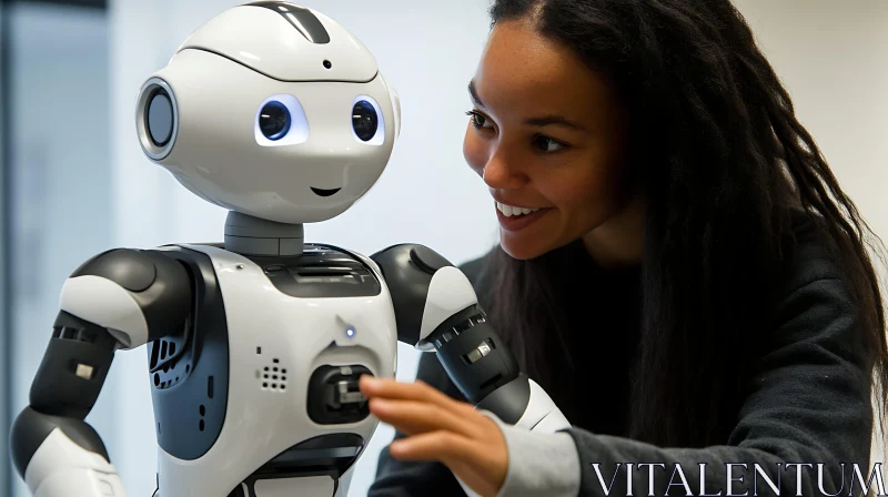 AI ART Friendly Encounter: Woman Interacts with Robot