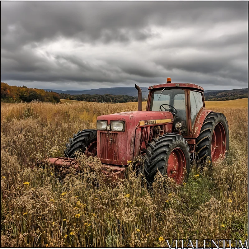 AI ART Old Red Tractor Amidst Tall Grass