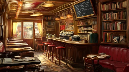 Cozy Cafe with Bookshelves Ambiance