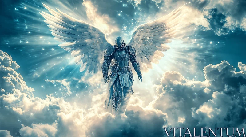 Armored Angel Descending from Heaven AI Image