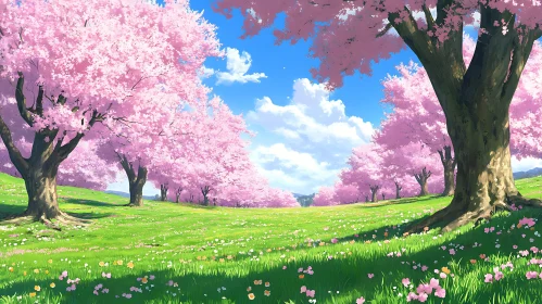 Spring Meadow with Cherry Blossom Trees