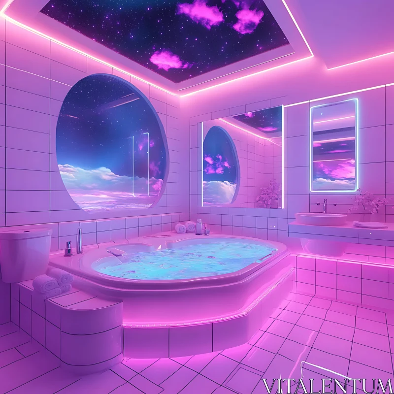 AI ART Pink Neon Bathroom with Starry Sky View