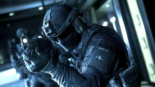 Soldier with Gun in Dark Setting