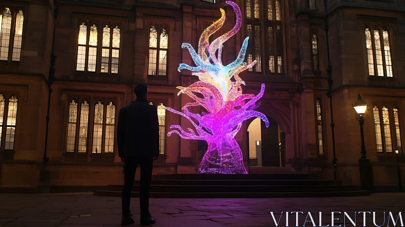 Illuminated Art Display Against Gothic Architecture AI Image