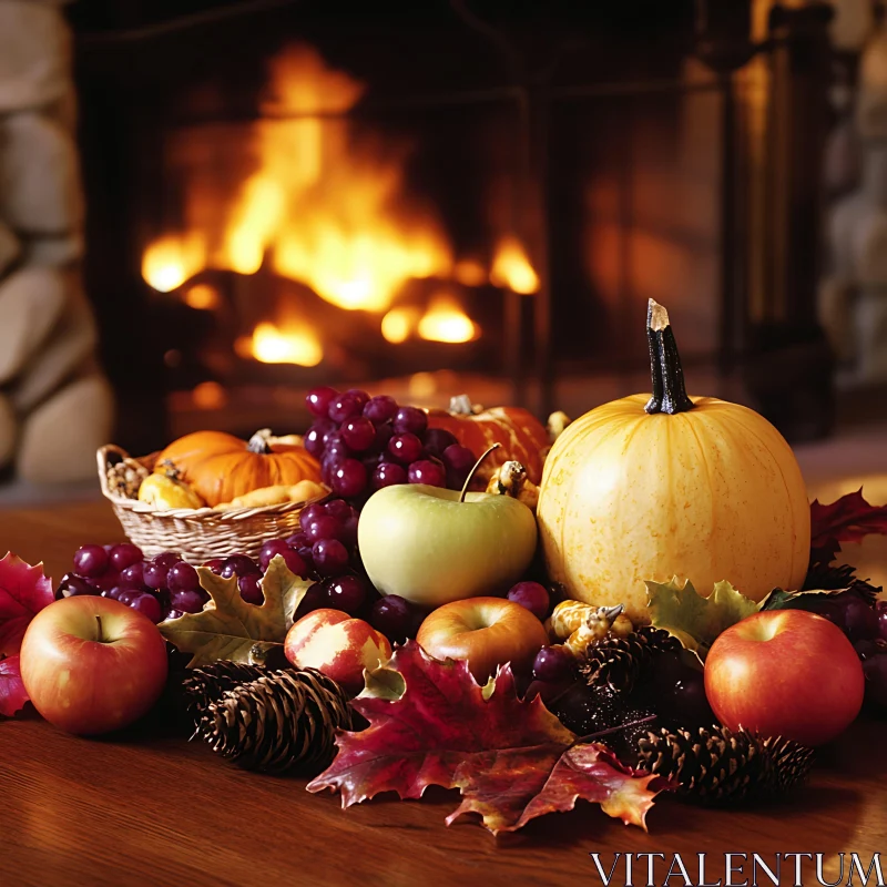 Pumpkins and Apples by the Fire AI Image