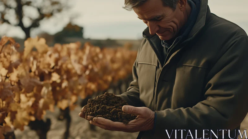 Man Examining Soil in Vineyard AI Image