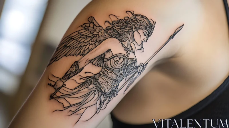 Detailed Arm Tattoo of Angel Warrior with Spear AI Image