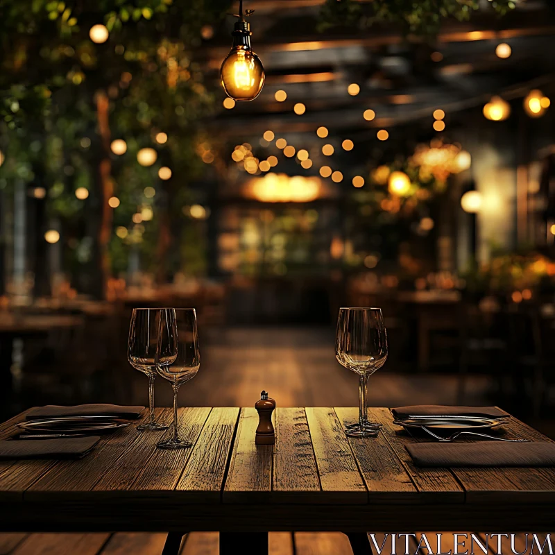 Warmly Lit Restaurant Interior with Set Table AI Image