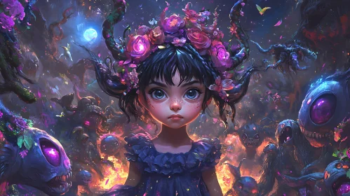 Floral Crowned Child with Fantasy Creatures