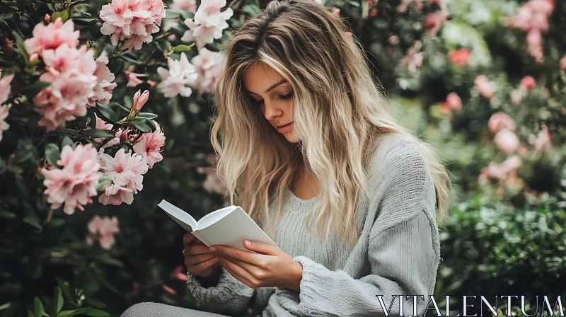 Girl immersed in a book surrounded by flowers AI Image