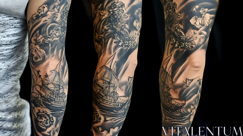 Intricate Ship and Ocean Tattoo Sleeve AI Image