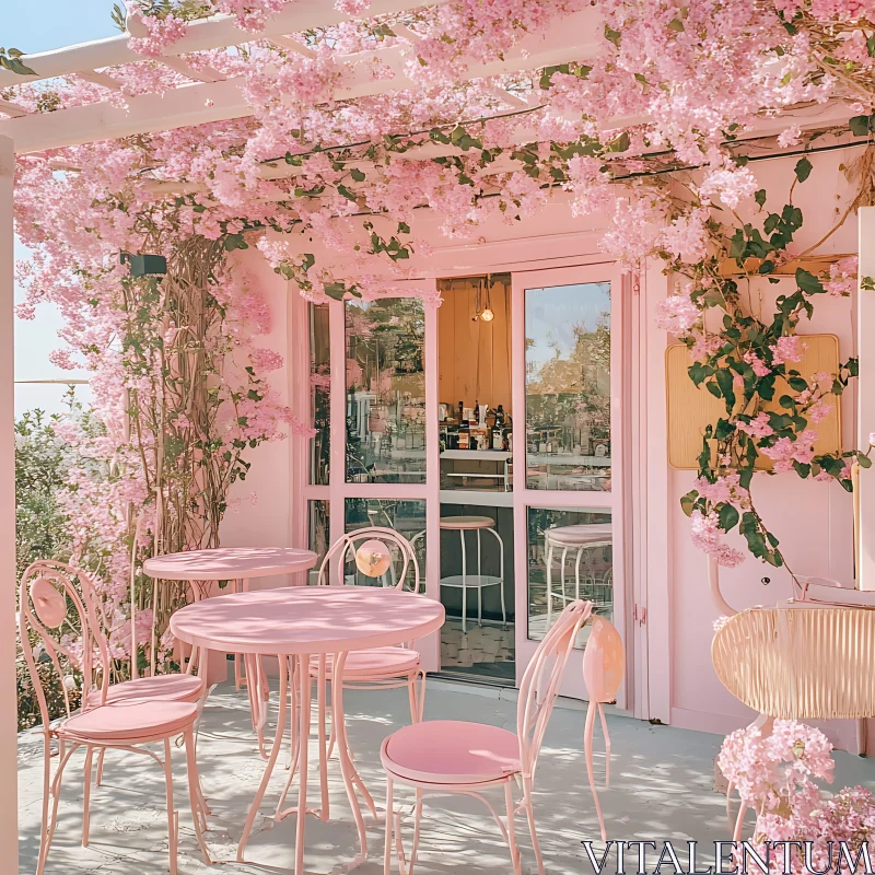 Outdoor Cafe with Pink Flowers AI Image