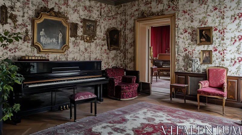 AI ART Antique Room with Piano and Floral Design