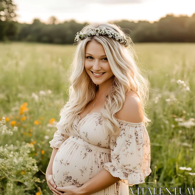 Expecting Mother in Floral Meadow Portrait AI Image