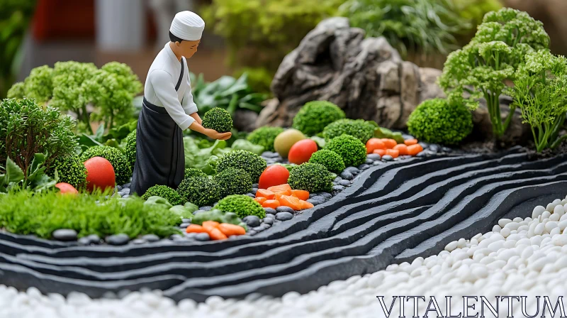 Whimsical Vegetable Garden with Miniature Chef AI Image