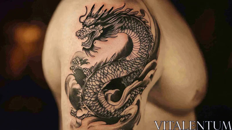 Black Ink Dragon Tattoo on Human Arm AI Image