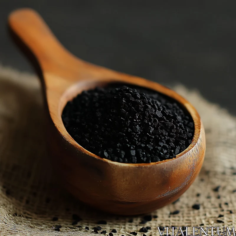 AI ART Coarse Black Salt in Wooden Spoon Close-Up