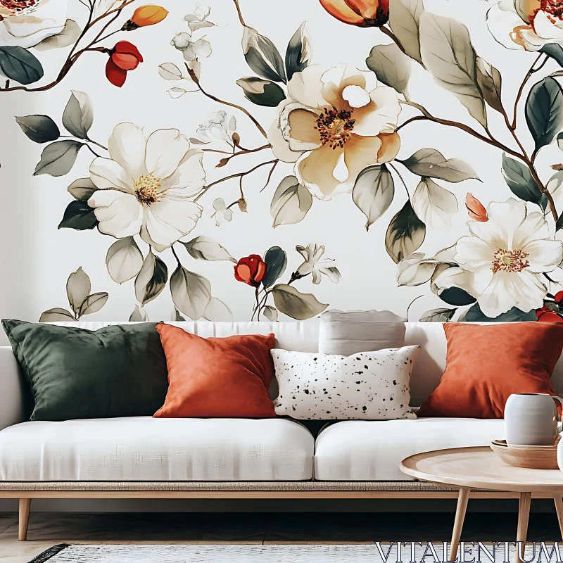 AI ART Floral Wallpaper and Comfortable Couch