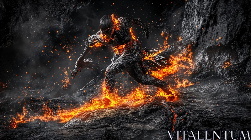 AI ART Burning Figure Running Through Rocky Landscape