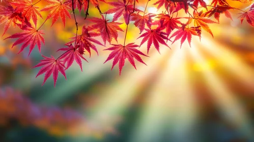 Vibrant Red Maple Leaves in Sunbeam