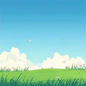 Peaceful Landscape with Birds Flying