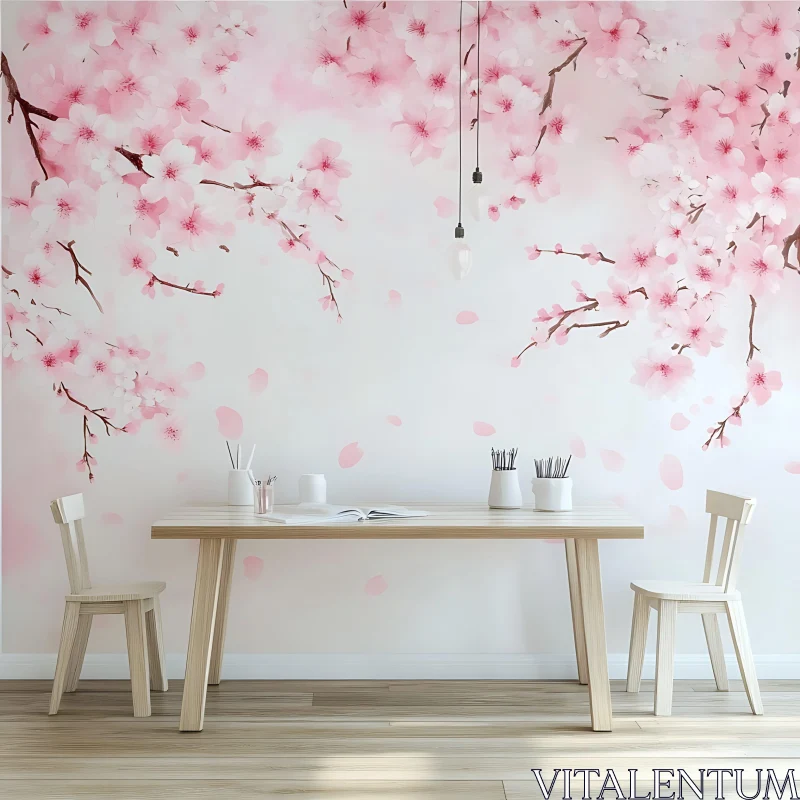 AI ART Tranquil Interior with Floral Wallpaper Design