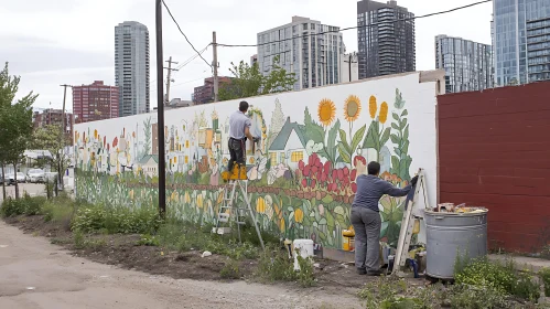 Artists Creating a Colorful Mural in the City