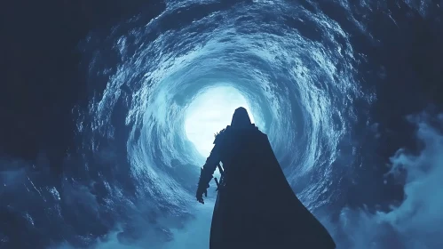 Cloaked Silhouette in Ethereal Blue Tunnel