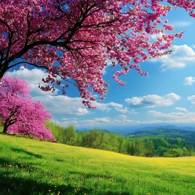 Cherry Blossoms Over Green Meadow