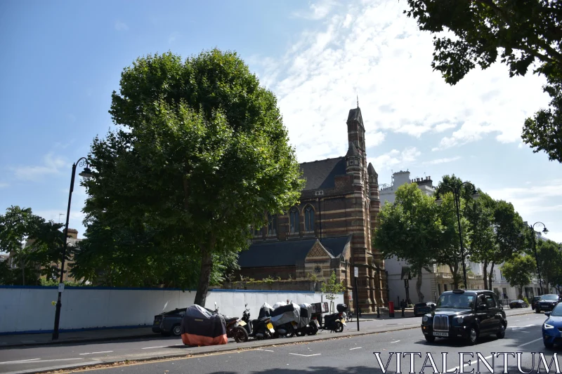 London Streetscape with Gothic Church Free Stock Photo