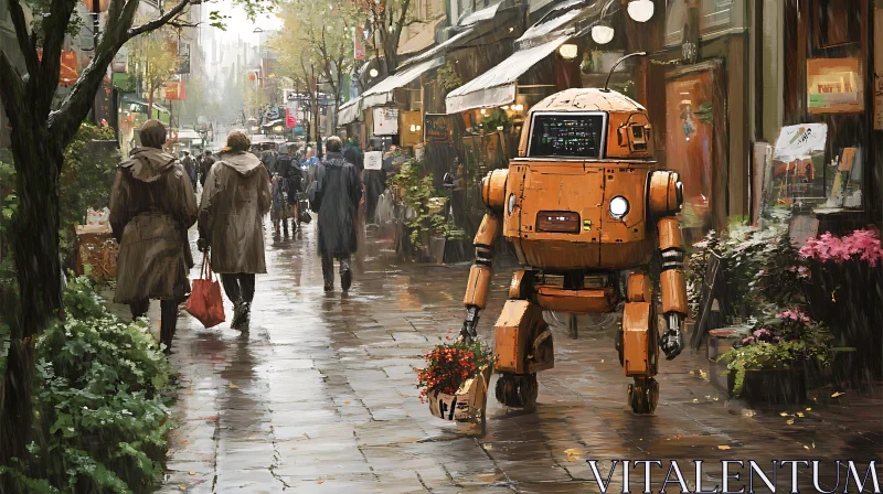 AI ART Orange Robot with Flowers in the City