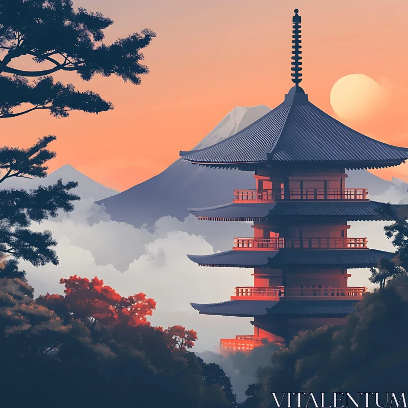 Japanese Pagoda at Sunset AI Image