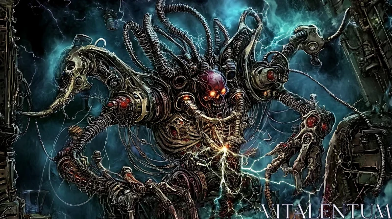 Electrifying Cyborg in Dark Industrial Setting AI Image