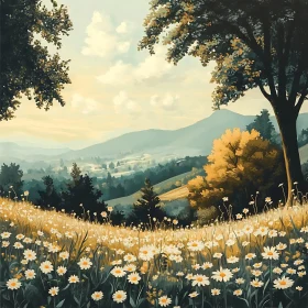 Summer Meadow with Daisies and Mountains