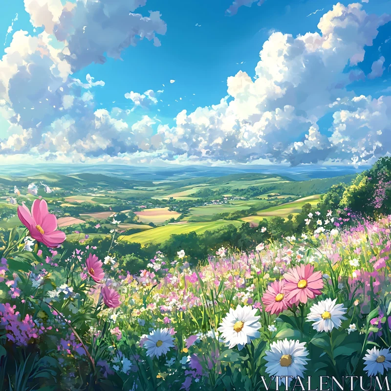 AI ART Floral Field Scenery with Rolling Hills