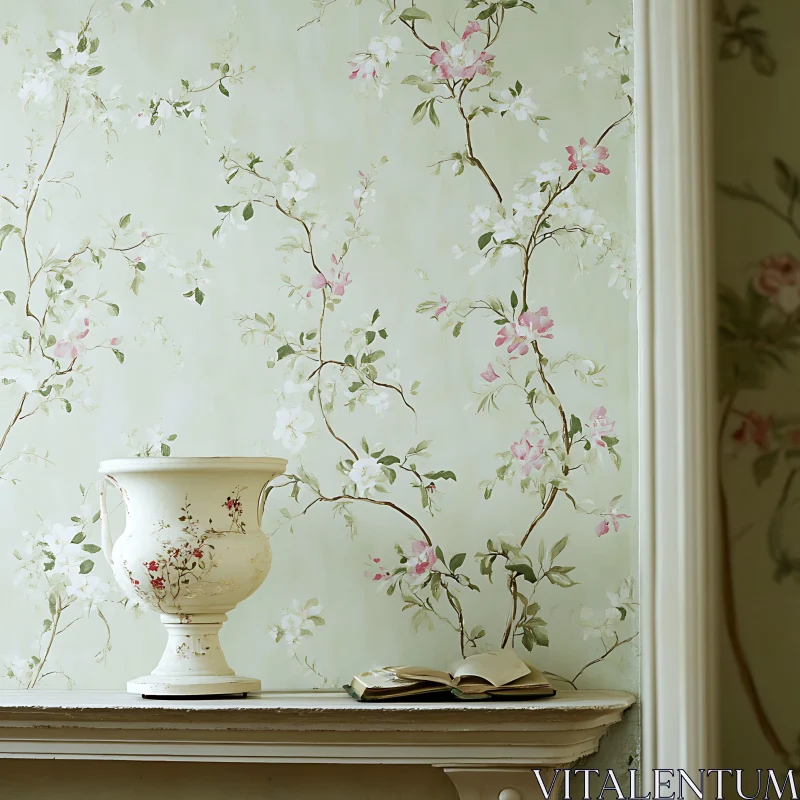 AI ART Vintage Floral Wallpaper with Vase