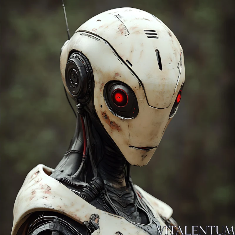 Cyborg with Eerie Red Eyes and Metallic Structure AI Image