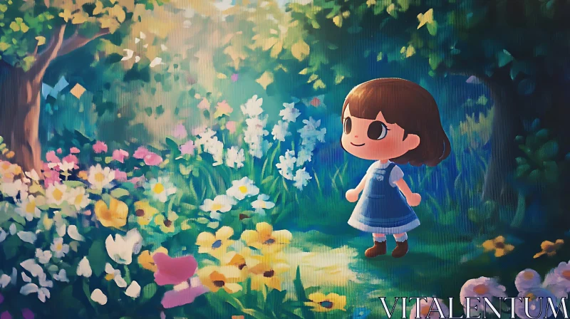 Cartoon Girl Amongst Blooming Flowers AI Image