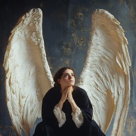 Contemplative Angel with Feathery Wings