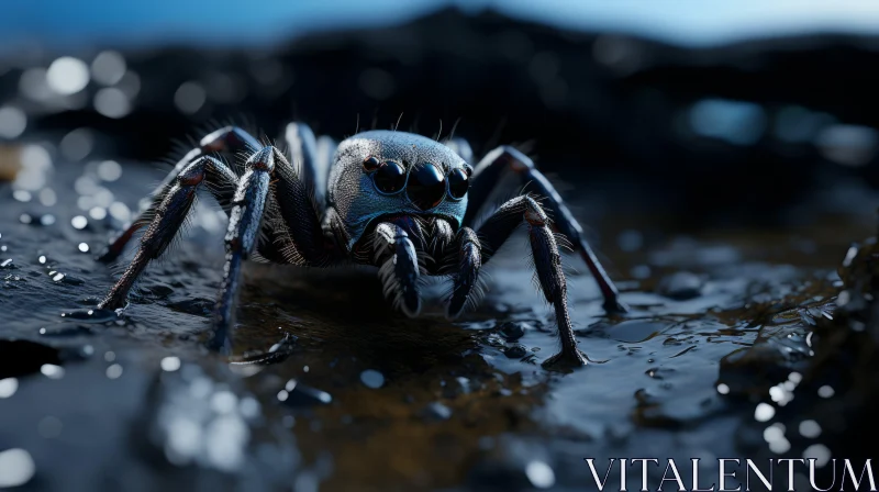 Blue-eyed Spider in Surrealistic Liquid Metal Style AI Image