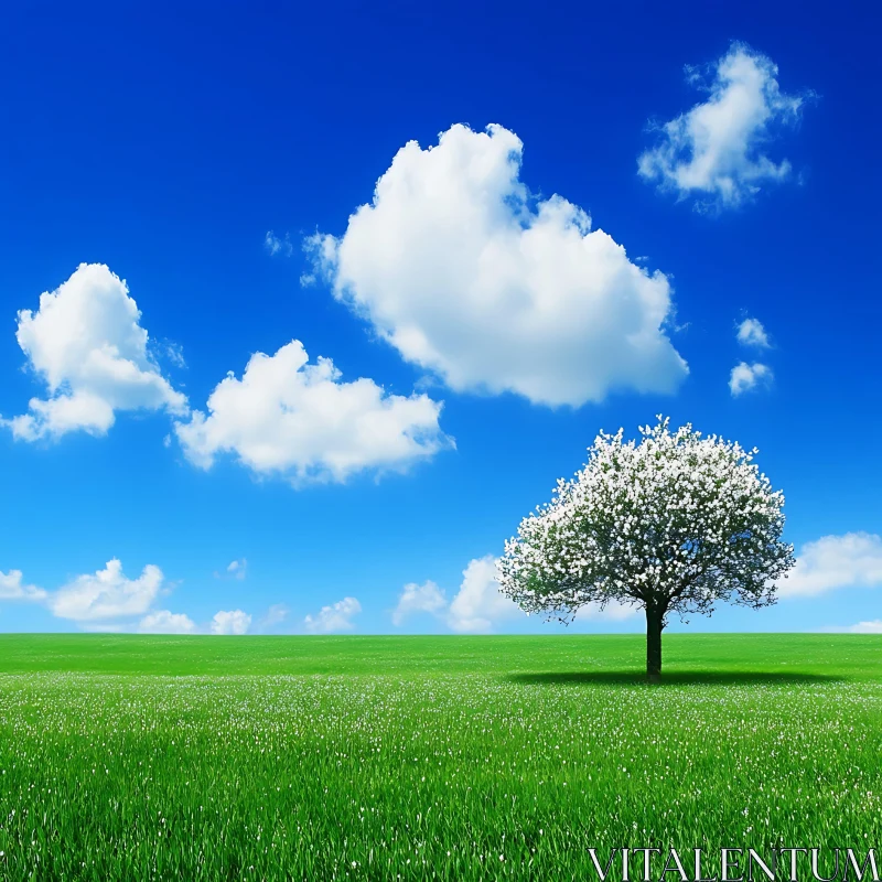 White Tree in Green Field AI Image