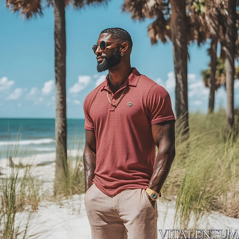 Man in Sunglasses on Sandy Shore AI Image