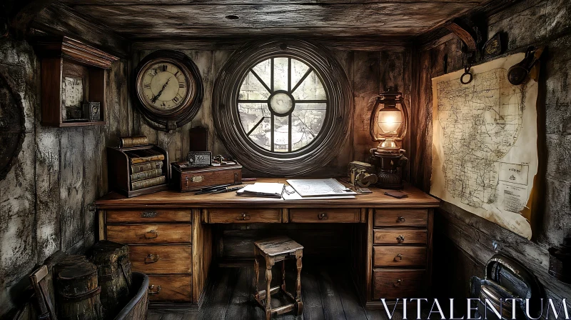 AI ART Antique Study Interior with Wooden Desk