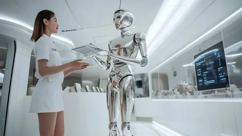 Silver Robot Serving Woman with Tablet