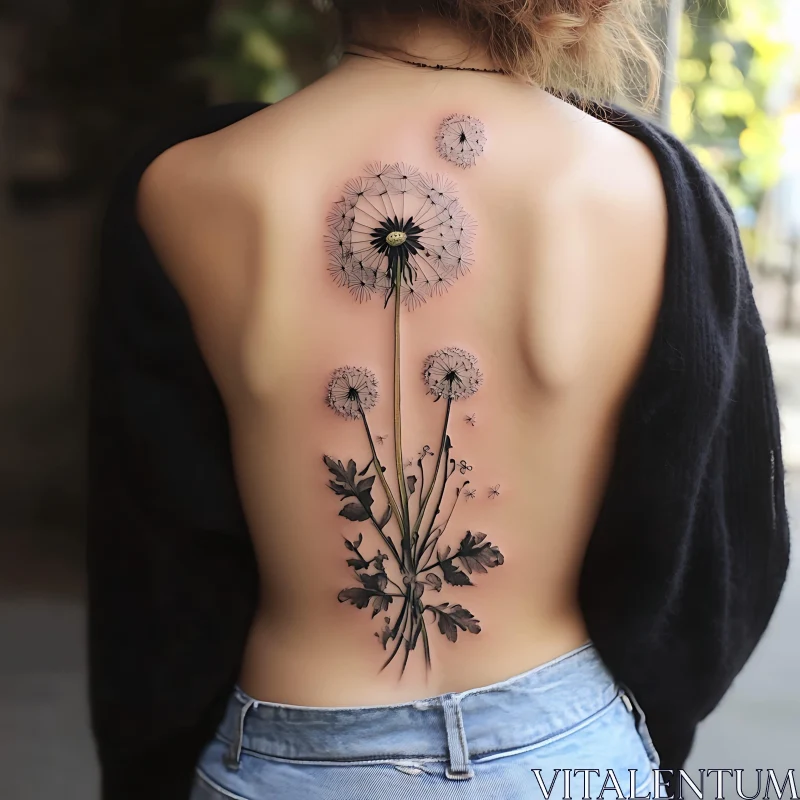 Elegant Dandelion Tattoo Design on Back AI Image