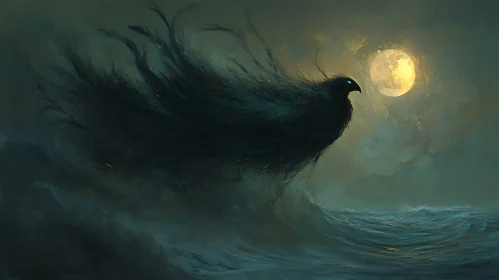 Mystical Bird and Moonlit Ocean